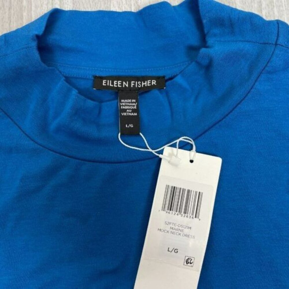Eileen Fisher Mock Neck Tie Waist Sleeveless Knee Length Dress Marine Blue L - Picture 5 of 9